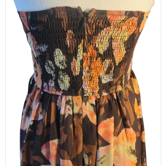 Storia Sheer Floral Brown printed Midi dress Bustier Ruffled Hem Large Strapless - Picture 10 of 10